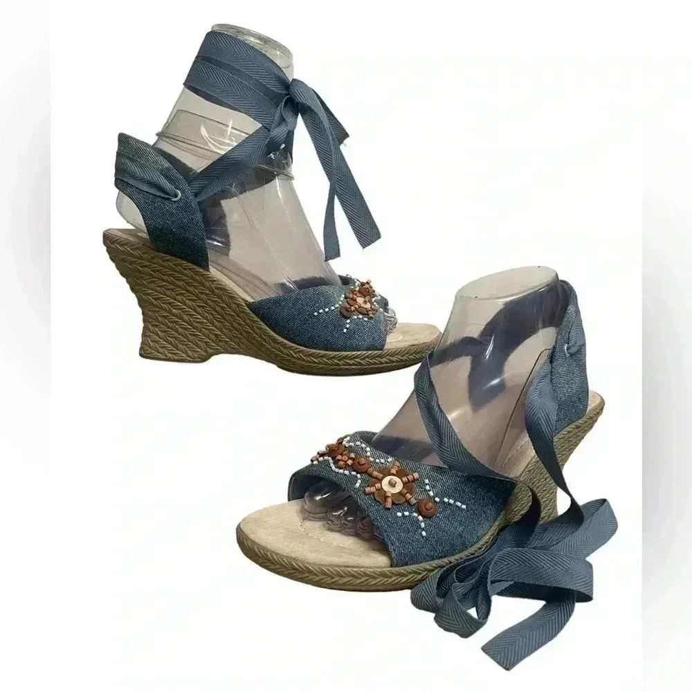 Earth Spirit Gerlon 2000 Monroe Blue Denim Beaded Lace Up Wedge Sandals Size 8.5
